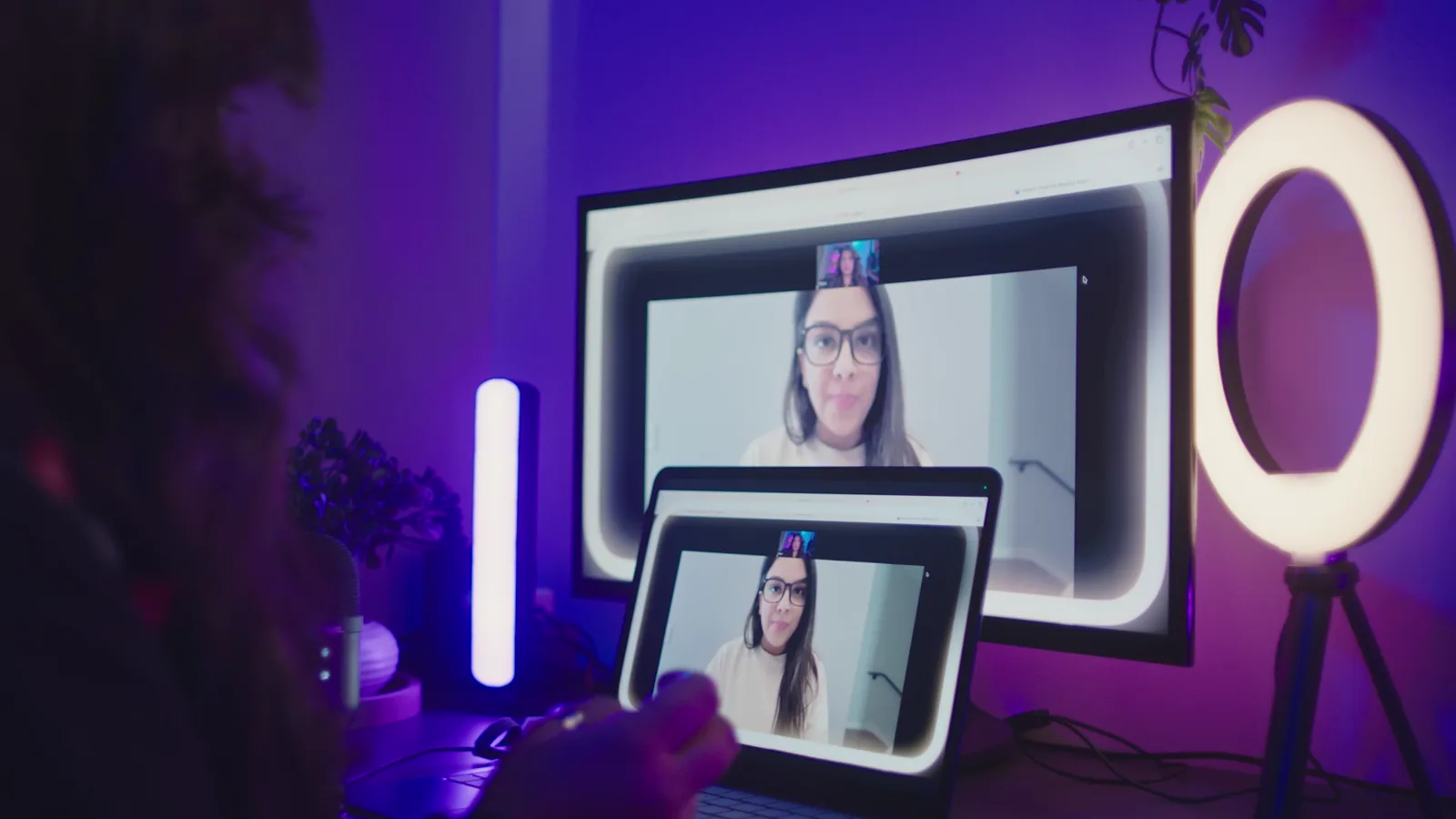 Noni’s podcast setup, with Nadia joining on screen